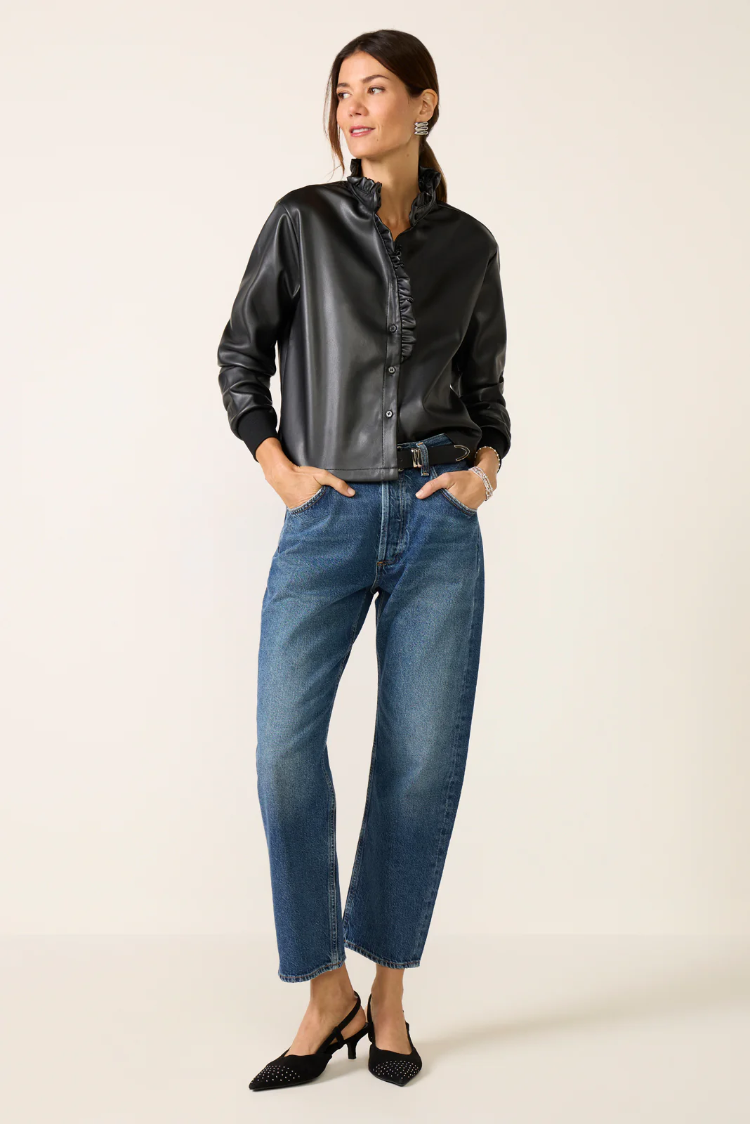 Faux Leather Ruffle Neck Shirt - Image 2